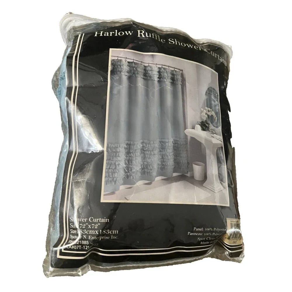 Vintage 80's Harlow Fabric Ruffled Shower Curtain blue 72